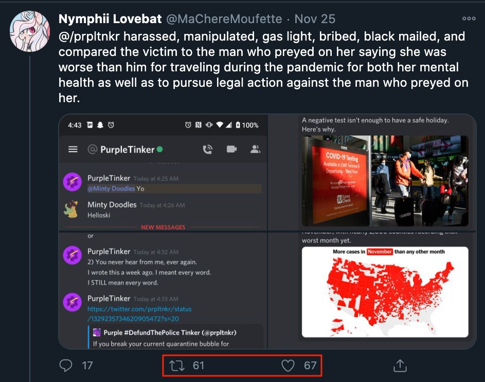 This post saying I "harassed, manipulated, gas light (sic), bribed, [and] black mailed (sic)" got 61 retweets and 67 likes without once mentioning that I was comparing "literally killing people" to abuse.That bit was completely obscured— intentionally so— to make me look awful.