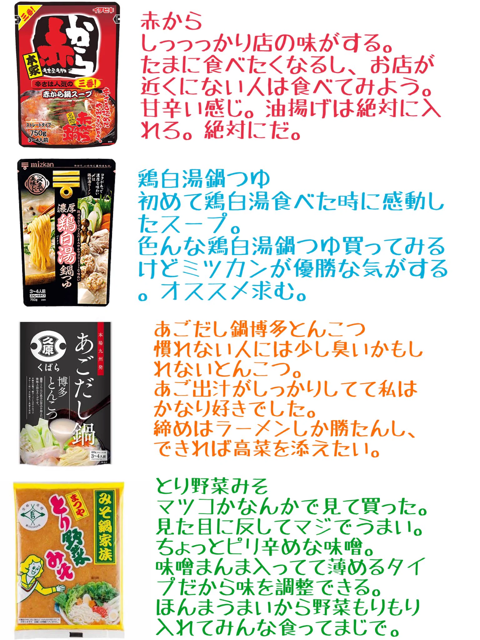 冬は毎日鍋だった私がお送りする、オススメだったり、そうじゃ無かったりする「鍋の素たち」