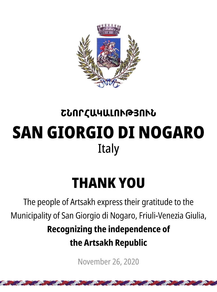 meetartsakh's tweet photo. 🤍❤️💜 The city of San Giorgio Di Nogaro, ITALY, recognized the Independence of #Artsakh.

#IrecognizeArtsakh #standwithArtsakh #RecognizeArtsakh #ArtsakhStrong #Artsakh https://t.co/wUJ5wfHY1v