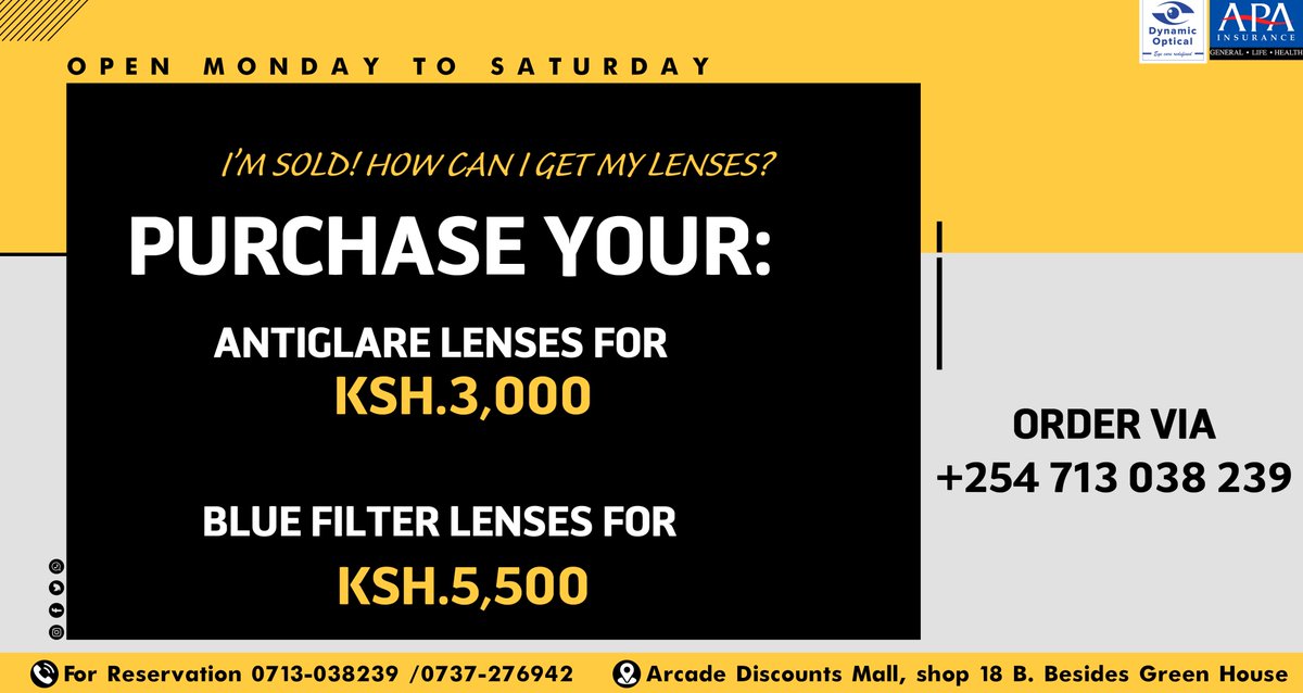 Dynamic_Optical's tweet image. Does replacing your lenses feel like being robbed blind 🤔? It shouldn't, well at least in our eyes ☺. GET 30% OFF antiglare lenses and blue filter lenses today!! Call us on 0713038239 or 0737276942 or go down to Arcade Discounts Mall, Shop 18B besides Green House on Ngong Road.