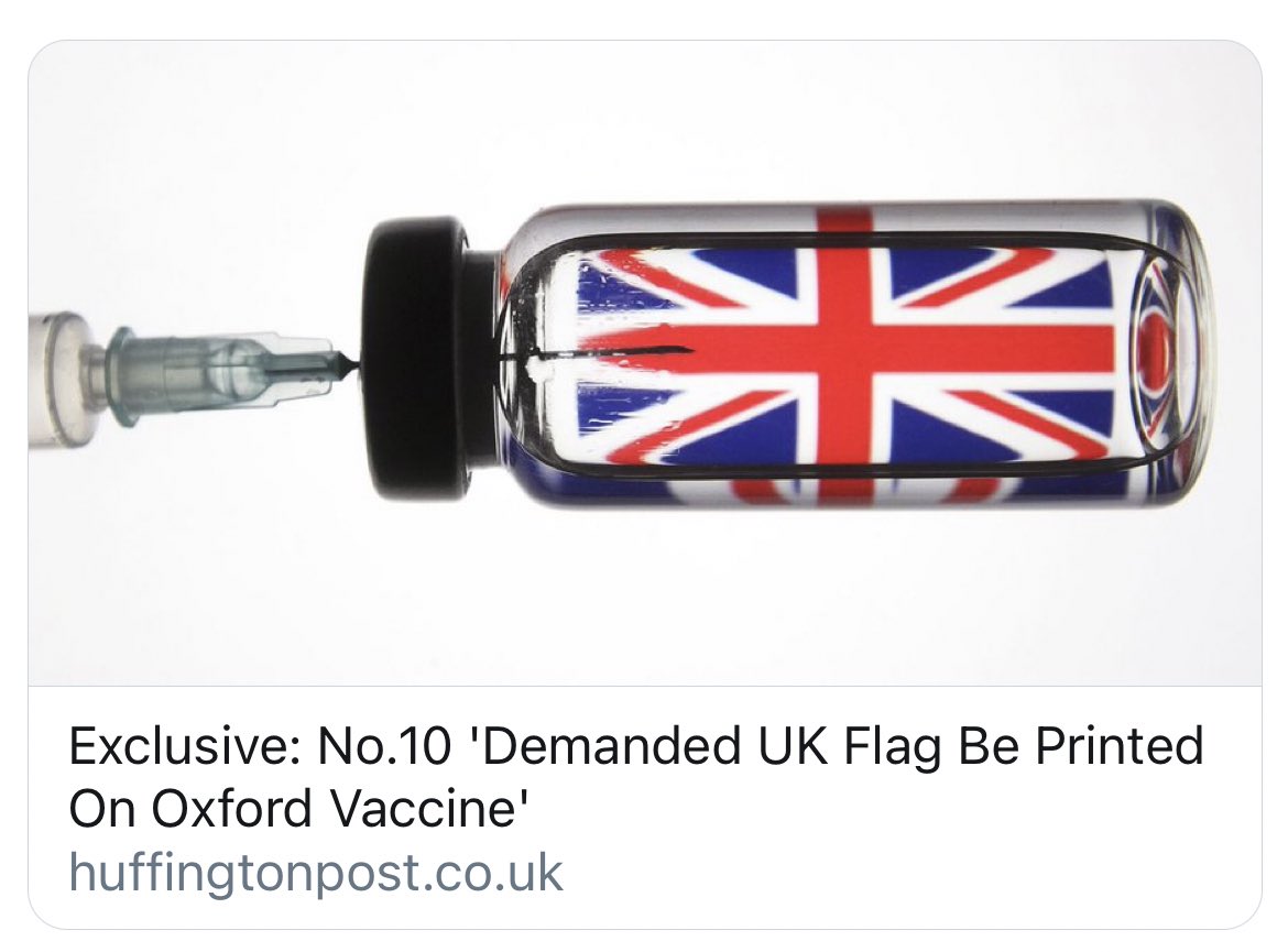 "We just want a vaccine"
"MAKE IT PATRIOTIC"
"Why"
"CALL IT FREEDOM SAUCE"
"please just the vaccine"
"MAKE IT PLAY GOD SAVE THE QUEEN WHEN YOU OPEN IT"
"But"
"DOCTORS MUST DRESS AS BEEFEATERS WHILST INJECTING IT"
"can't we be a normal country"
"MAKE IT SMELL LIKE BREXIT"
"how"