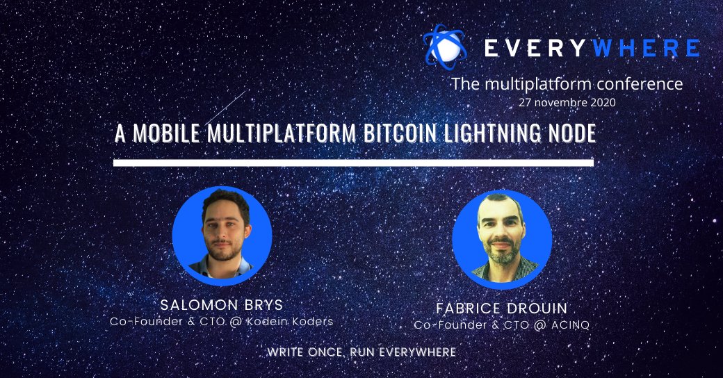 #LIVE NOW : 
🎙️A mobile multiplatform #Bitcoin lightning node
by Fabrice Drouin from  <a href="/acinq_co/">ACINQ</a> &amp;  <a href="/salomonbrys/">Salomon Brys</a>
  from  <a href="/KodeinKoders/">Kodein Koders</a>
 
REGISTER : bit.ly/38HEM4O
#kotlin #multiplatform