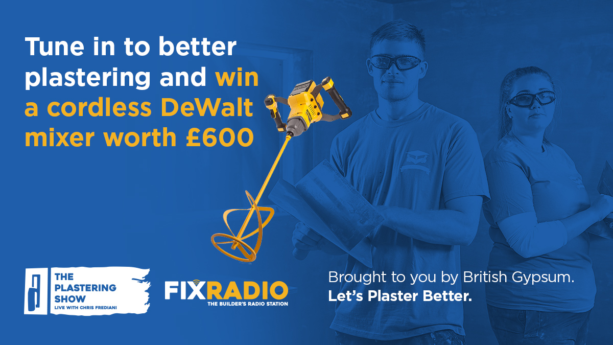 Next week <a href="/Chrisandjules/">Chris and Jules</a> takes <a href="/FixRadio/">Radiofix</a>'s The Plastering Show LIVE. Tune in online on Tuesday 1st December from 18:30 to chat with Chris and other plasterers around the UK. There's also a chance to win a <a href="/DEWALT_UK/">DEWALT UK</a> Cordless Mixer. Register for the event: bit.ly/PlasteringShow…