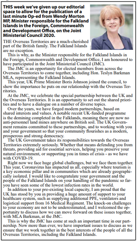 FalklandsRepUK's tweet photo. Following the 2020 Overseas Territories Joint Ministerial Council, this week's editorial in Penguin News has been given over to Wendy Morton MP, Foreign Office Minister with responsibility for the Falkland Islands. #JMC2020 #Falklands
@morton_wendy | @FCDOGovUK | @FalklandsGov https://t.co/QtCvARUkhu