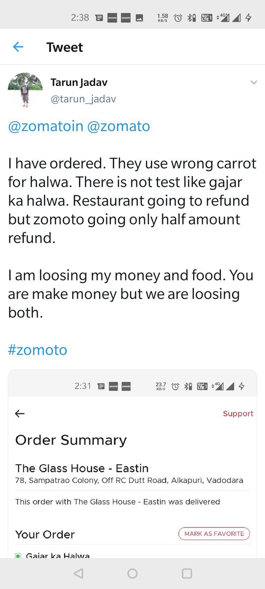 tarun_jadav's tweet photo. @zomato @zomatoin @zomatoin @zomato 

I have ordered. They use wrong carrot for halwa. There is not test like gajar ka halwa. Restaurant going to refund but zomoto going only half amount refund.

I am loosing my money and food. You are make money but we are loosing both. https://t.co/KB165HKltr