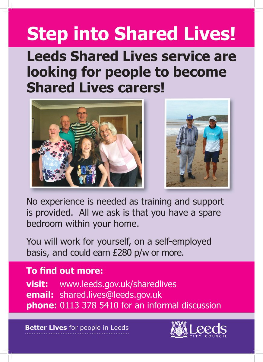 Leeds Shared Lives are looking for Shared Lives carers! You don’t need to have any experience, just the desire to make a positive change in someone’s life. Earn £280+ P/W and work from the comfort of your own home! Get in touch and start you Shared Lives journey today.