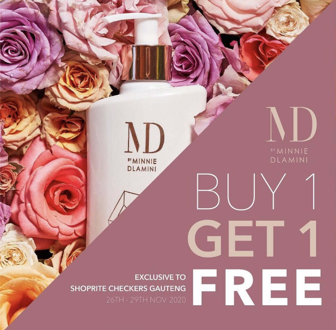 mdbodysa's tweet photo. Buy One Get One Free on all MD products! Exclusive to Shoprite Checkers stores Gauteng,  from the 26th to 29th of November 2020. #MDBodySA #MinnieDlaminiBody https://t.co/HewVrMNZZb