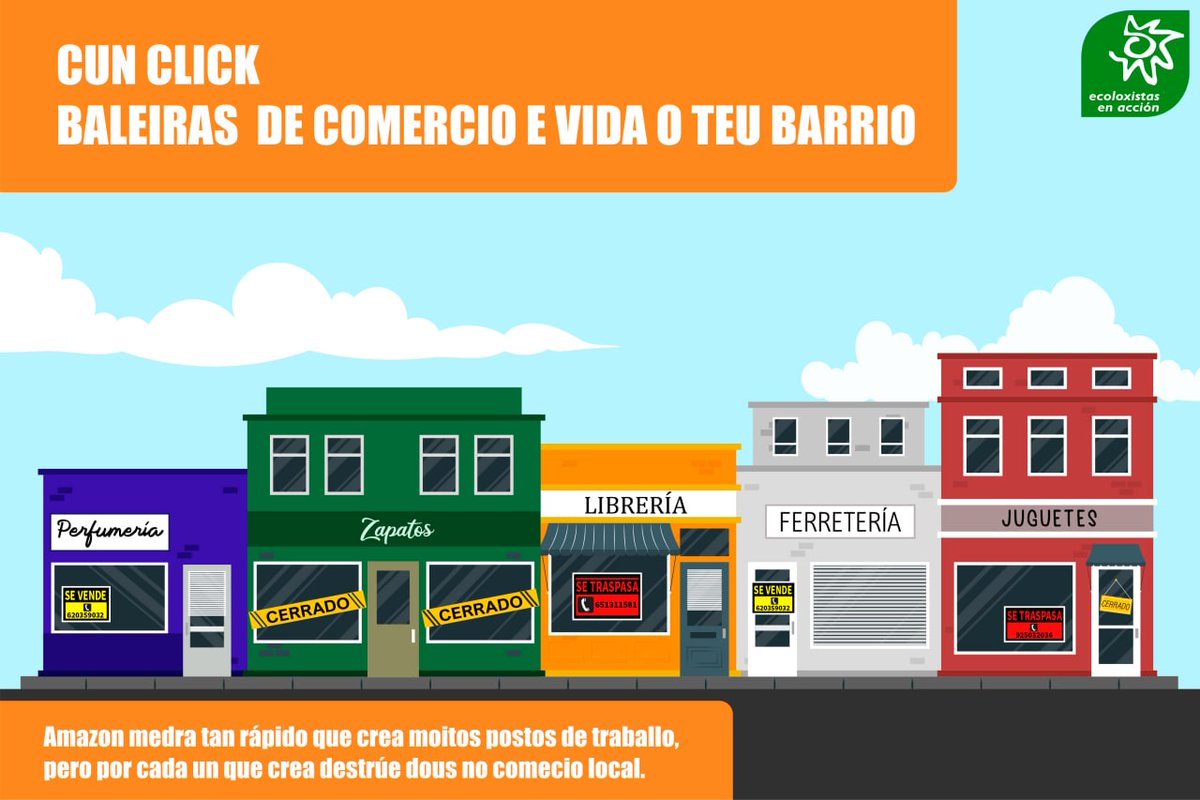 ecoloxistasvigo's tweet photo. Hoxe chamamos ao #DíaSenCompras para denunciar o modelo económico de Amazon e os seus fortes impactos ambientais e sociais.
Por cada posto de traballo que crea, destrúe 2 no pequeno comercio. Non fagas click, compra no teu comercio local. #BlackFridayOff #DiaSinCompras 🛍️ https://t.co/b0zV93WKfP
