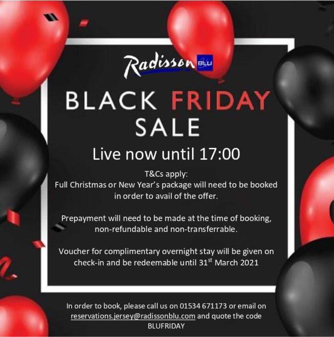 🖤BLACK FRIDAY SALE NOW LIVE🖤

We are offering our followers a complimentary overnight stay for 2 when you make a booking on our Christmas or New Year's package!

Head on over to our Facebook or Instagram pages for more details.

#RadissonBlu #BluView #BlackFriday
