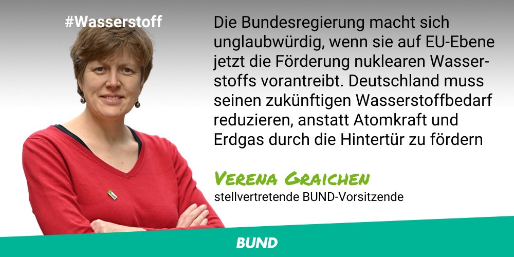 bund_net's tweet photo. Deutschland zielt im Rahmen der EU Ratspräsidentschaft darauf, neben #Wasserstoff aus fossilem Erdgas auch solchen aus #Atomkraft in die EU-Förderung aufzunehmen. Eine grüne &amp; nachhaltige Wasserstoffwirtschaft würde so bereits im Ansatz scheitern! ℹ️ https://t.co/BaDv4K1AqF https://t.co/WWjohmQeKH