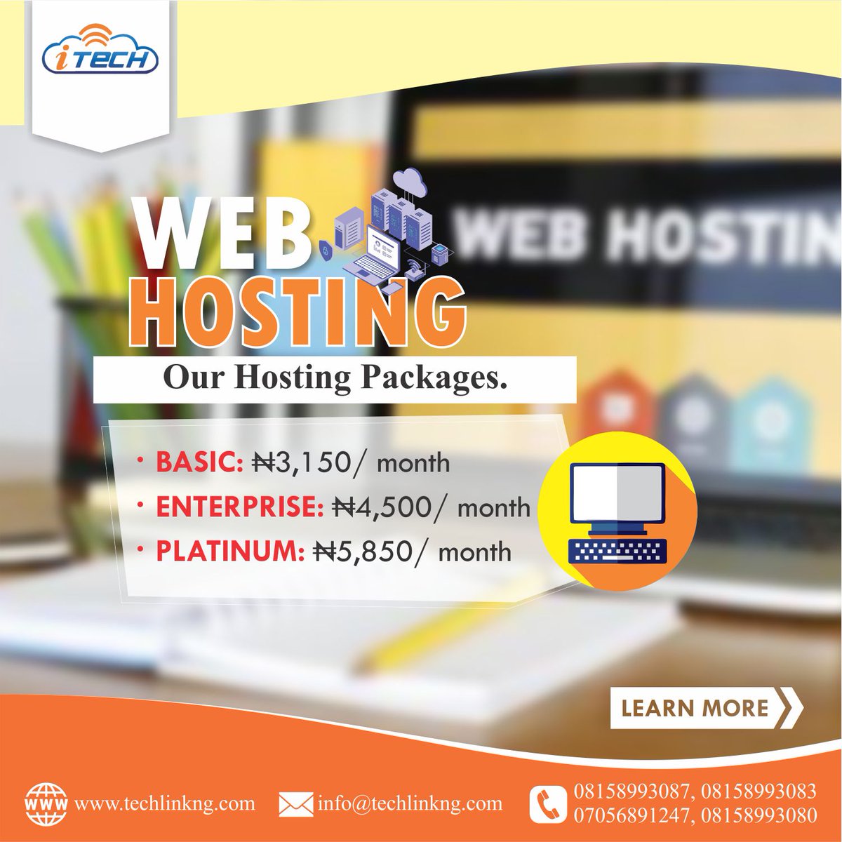TechLink5's tweet image. WEB HOSTING.
Some of the hosting which we offer are shared hosting, reseller hosting, virtual private server etc
.
BASICS- N3150/ month
ENTREPRISE- N4500/ month
PLATINUM- N5850/ month 
Visit: techlinkng.com/web-hosting/
to learn more.