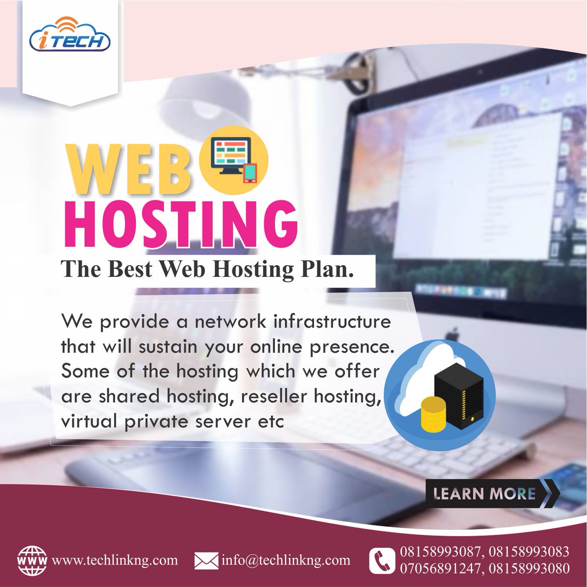 TechLink5's tweet image. WEB HOSTING.
Some of the hosting which we offer are shared hosting, reseller hosting, virtual private server etc
.
BASICS- N3150/ month
ENTREPRISE- N4500/ month
PLATINUM- N5850/ month 
Visit: techlinkng.com/web-hosting/
to learn more.