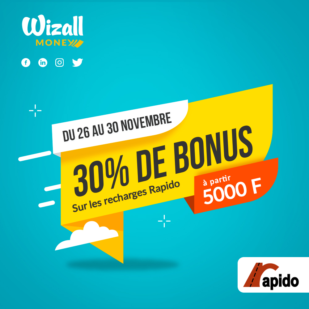 PROMO🚨 
#Sénégal : Du 26 au 30 Novembre bénéficiez d'un bonus de 30% sur toute recharge de votre carte RAPIDO à partir de 5000 FCFA depuis votre compte Wizall Money.

#WIzallmoney #Rapido #lecomptequifacilitelavie