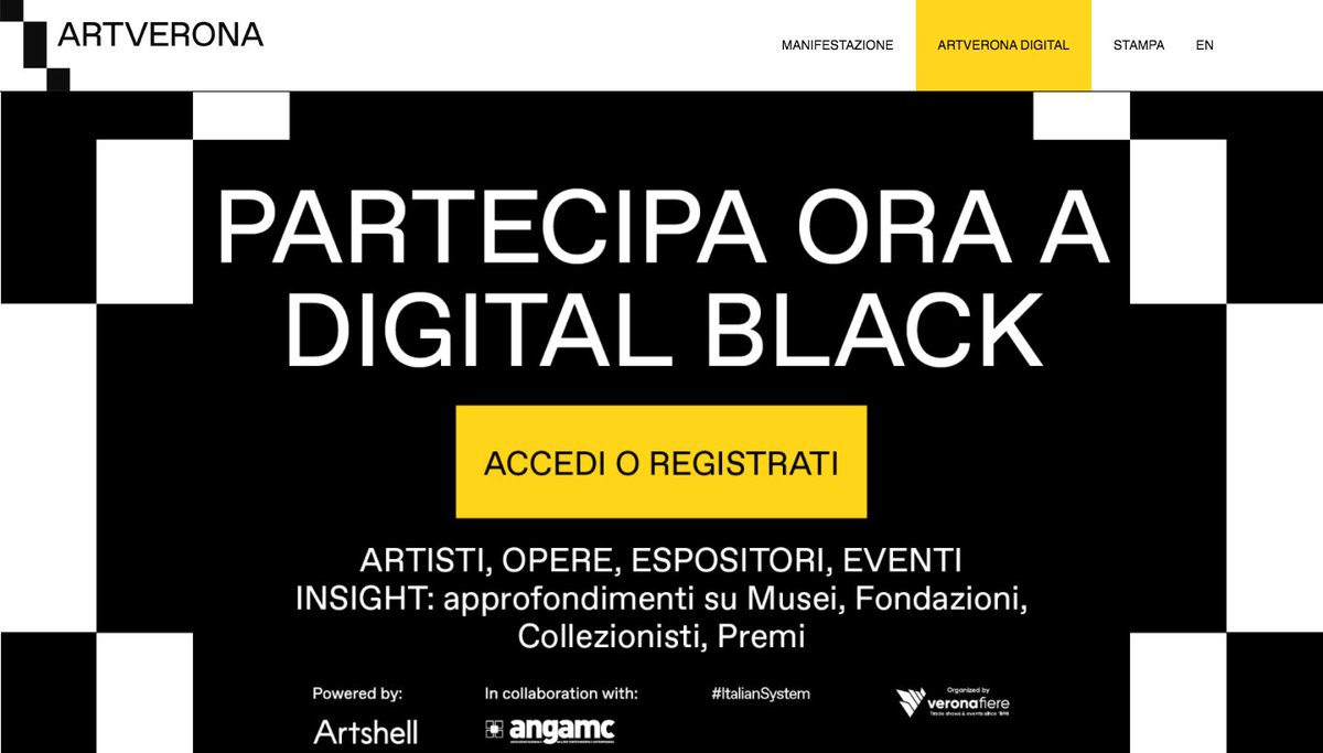 Nella giornata di venerdì 27 novembre, <a href="/ArtVerona/">Verona 🍒</a> ​ dà il via al primo #BlackFriday del mondo dell'arte: la sezione BLACK propone un'accurata selezione di opere per l'occasione dalle 9.00 alle 22.00 
#ANGAMC #artverona #digital #black #friday #art #verona
angamc.com/news/artverona…