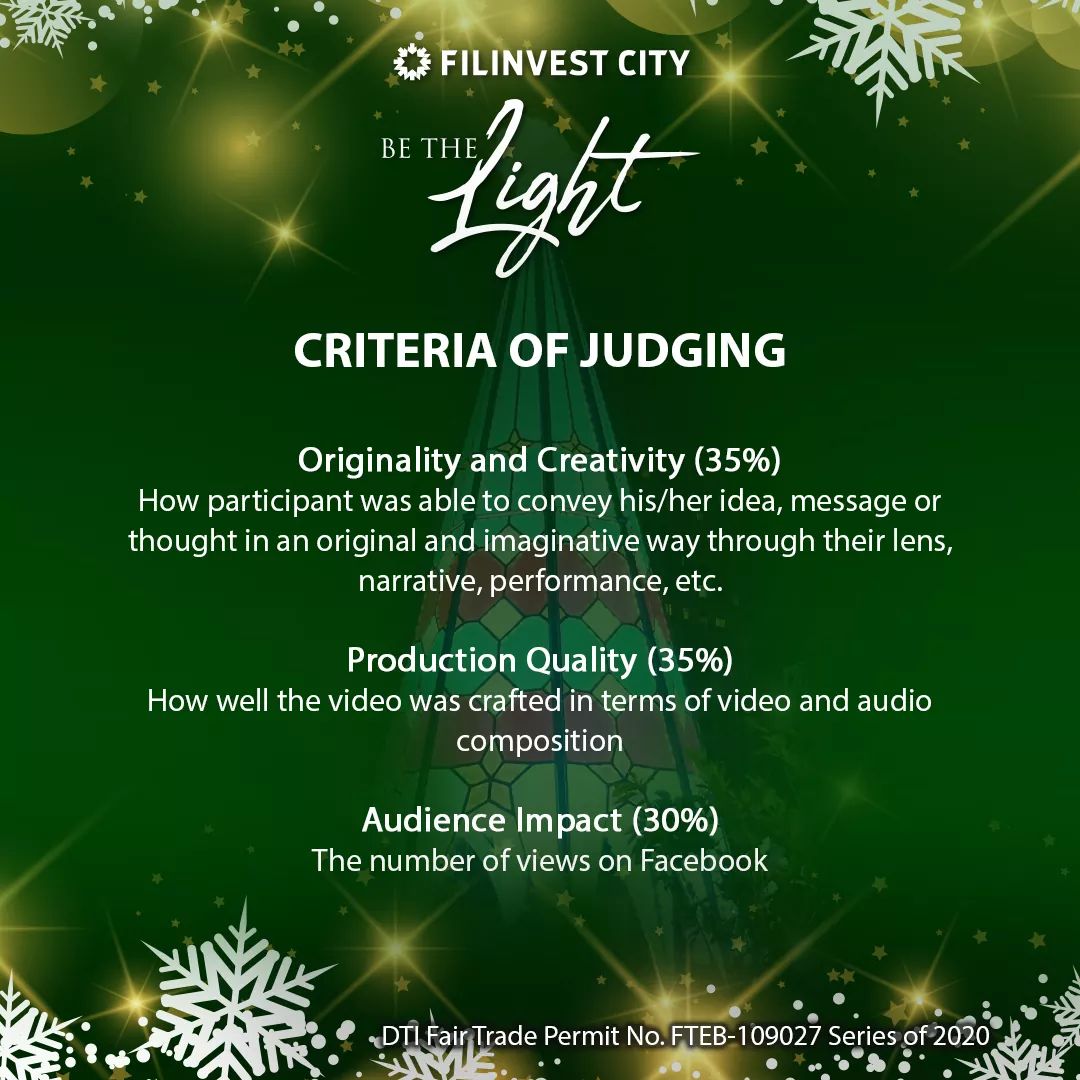 Join Filinvest City's The Search: A Christmas Video Making Contest dedicated to our modern-day heroes and get a chance to win as much as P25,000! 

To register and submit your entries, visit …linvestcitybethelight.odvcreative.com. 

#BeTheLight #FilinvestCityChristmas #InspiringPossibilities