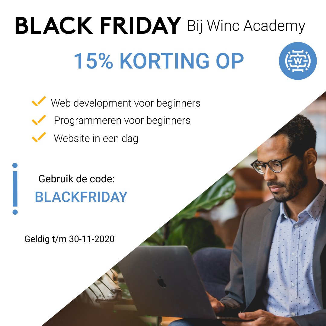 Vanaf vandaag bieden wij 15% korting op drie van onze opleidingen! 🎉⬇️
💥 Web development voor beginners 
💥 Programmeren voor beginners
💥 Website in een dag

Waar wacht je nog op?  Meld je aan voor een van de opleidingen via onze website: wincacademy.nl