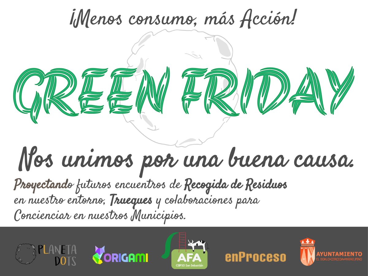 #GreenFridayBCM #GreenFriday Juntas para repensar nuestro modelo de producción y promover formas de consumo alternativo y transformador <a href="/dotstation/">Dotstation Design</a> @aytoBCM <a href="/AFASansebastian/">AFA Ceipso San Sebastian El Boalo</a> <a href="/procesocoop/">enProcesocoop</a>