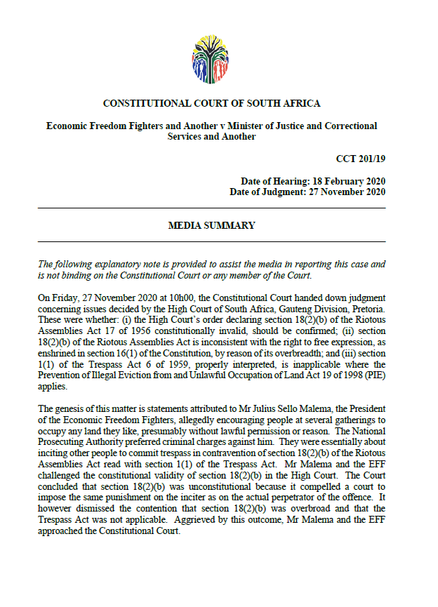 ConCourtSA's tweet photo. (2/2) The application relating to the crime of trespass was not properly raised and is dismissed. https://t.co/LDehtd6olD