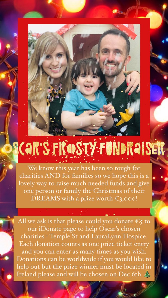 YavannaKeogh's tweet image. Oscar’s Frosty Fundraiser is live!🎅 It’s a tough year for charities &amp;amp; families so we hope to raise much needed funds for @Temple_Street &amp;amp; @LauraLynnHouse while giving one of you a dream Christmas worth €3k! All RTs so appreciated!  idonate.ie/fundraiser/113… #ps5 #LateLateToyShow