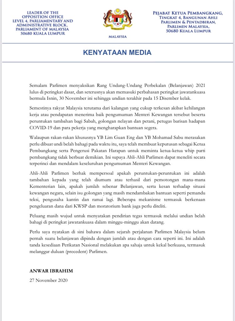 Anwar Ibrahim Auf Twitter Kenyataan Media 27 November 2020 Semalam Parlimen Menyaksikan Rang Undang Undang Perbekalan 2021 Lulus Di Peringkat Dasar Dan Seterusnya Akan Memasuki Perbahasan Peringkat Jawatankuasa Bermula Isnin 30 November Ini