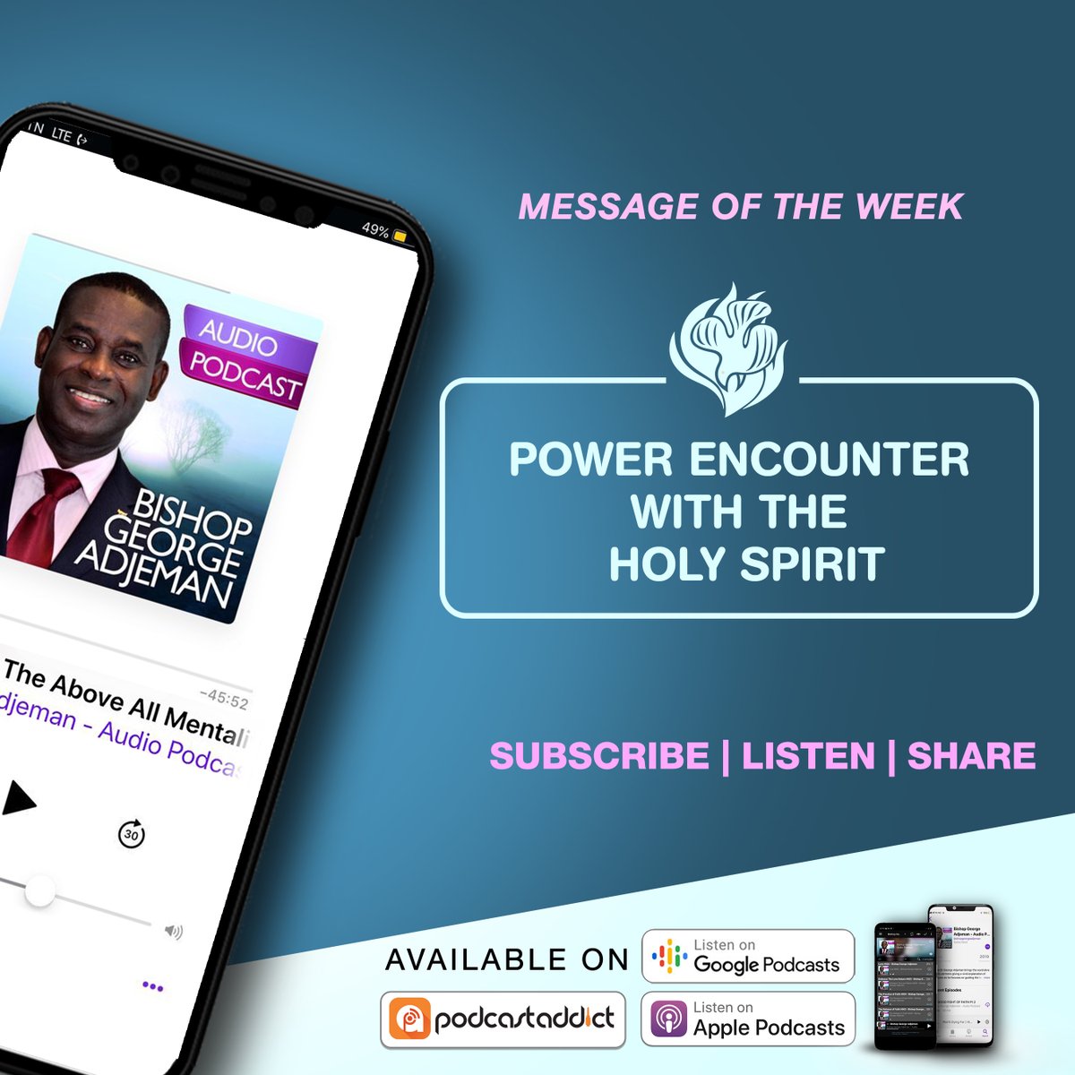 BDGeorgeAdjeman's tweet photo. In this message, @BDGeorgeAdjeman walks us through the Availability of Power with the Holy Spirit.

Be empowered as you listen.

Google Podcast: https://t.co/BQbIpNwlA5
Apple Podcast: https://t.co/qrdD90Xsow

#BeEmpowered https://t.co/5kZO9mT3as
