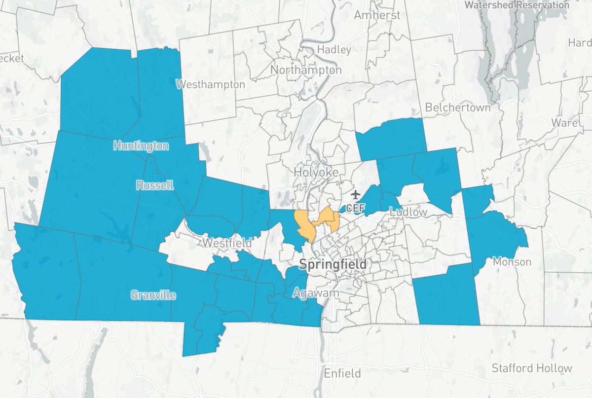 The optimal path is through Chicopee. We have to pick up three Biden precincts that collectively voted for him 2,576-1,827 (highlighted in yellow).Biden nets 749 votesTrumpiest possible outcome (TPO) for the district: Trump +5,870