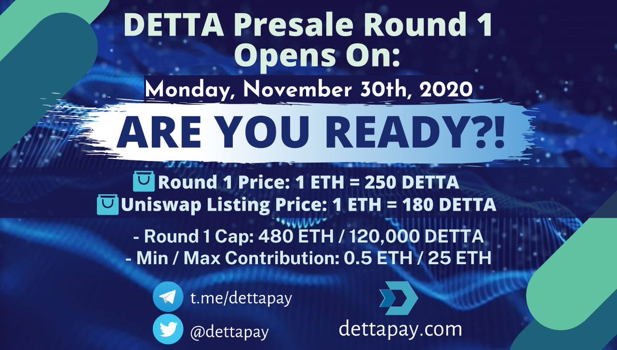 dettapay's tweet photo. 🚨$DETTA Token PRESALE SALE ROUND 1 Goes LIVE on Monday November 30th, 2020🚨 💃🕺: 12:00PM GMT

■ Presale Round 1 Goal : 480 ETH / 120,000 DETTA

💢Price: 1 ETH = 250 DETTA
💢Uniswap Price:1 ETH = 180 DETTA

📍Min/Max Contribution - 0.50 ETH / 25 ETH

📍https://t.co/tpglXVQ2yv https://t.co/RBZhHQ9f4r