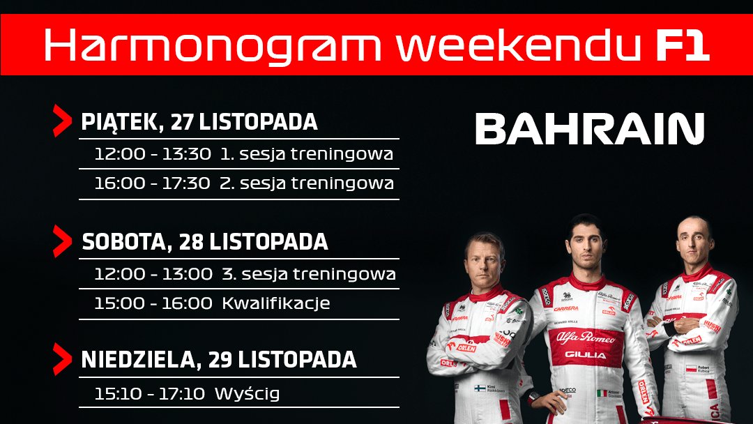 Końcówka tegorocznego sezonu #F1 to świetna okazja, by znów zobaczyć Roberta Kubicę w akcji! 🏎️😎 Kierowca testowy @alfaromeoracing wystąpi w pierwszej sesji treningowej przed #BahrainGP. Łapcie harmonogram na nadchodzący weekend. 👊 #SupportKubica