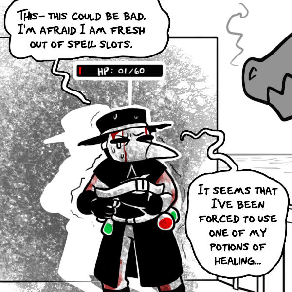It just occurred to me that I haven't been posting a lot to Twitter lately, so here's a mini-comic I made a while back when someone asked how Cornelius drinks potions in battle when he refuses to take his mask off in front of others. 