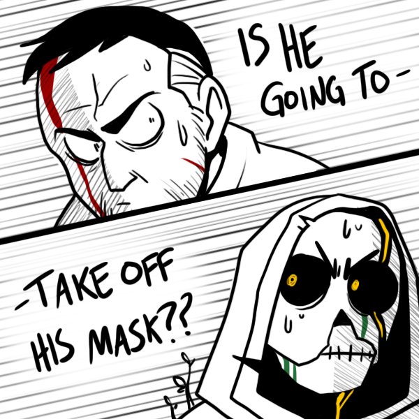 It just occurred to me that I haven't been posting a lot to Twitter lately, so here's a mini-comic I made a while back when someone asked how Cornelius drinks potions in battle when he refuses to take his mask off in front of others. 