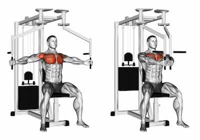 lanjut CHEST lagi1. seated pec fly machine2. high cable chest fly3. low cable chest flyketiganya 3x12 repetisi