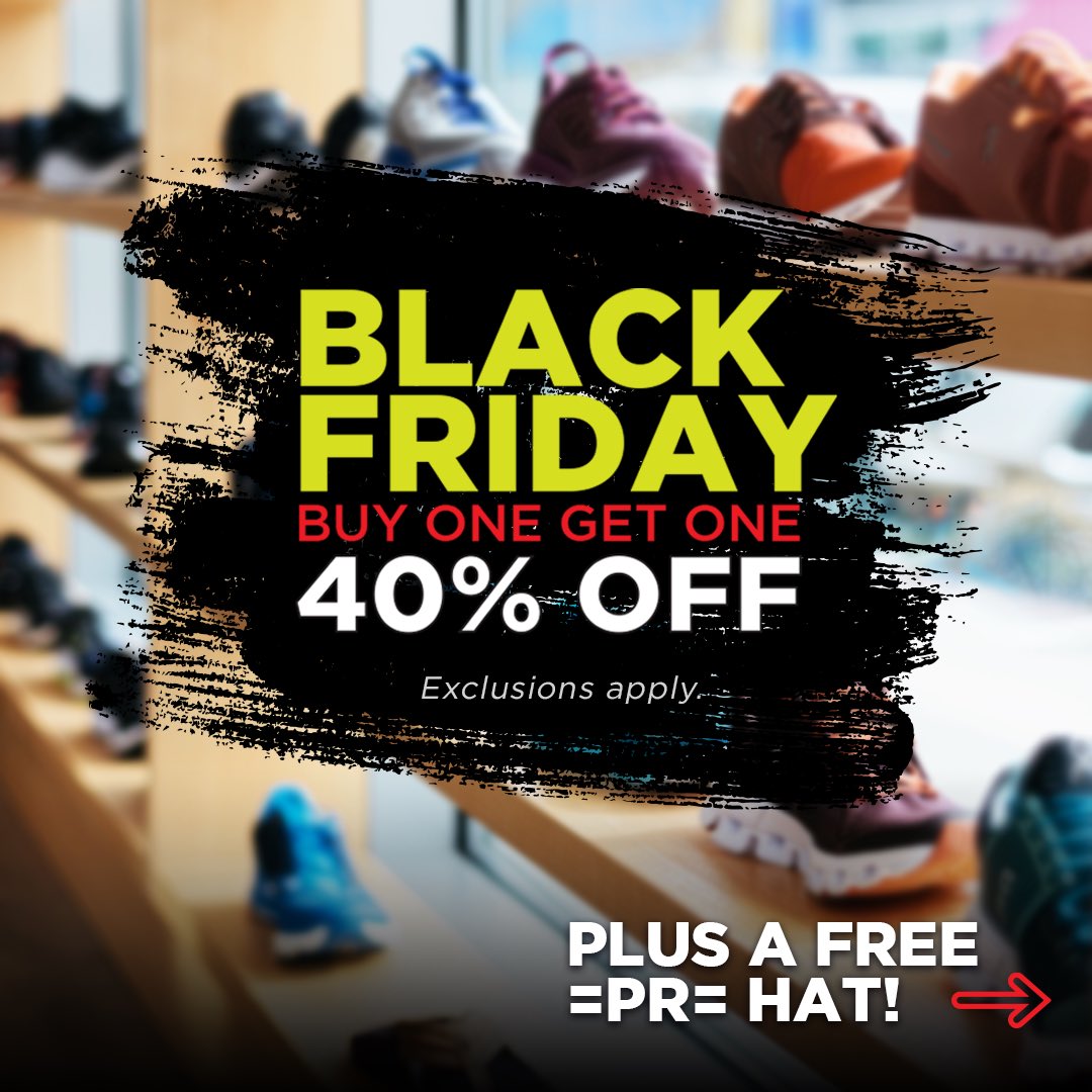 PRRunning's tweet photo. Black Friday is HERE. Save Big!            * Exclusions Apply * Hats Available with any in store purchase of $100 or more * While Supplies Last https://t.co/FdpWtceTIN