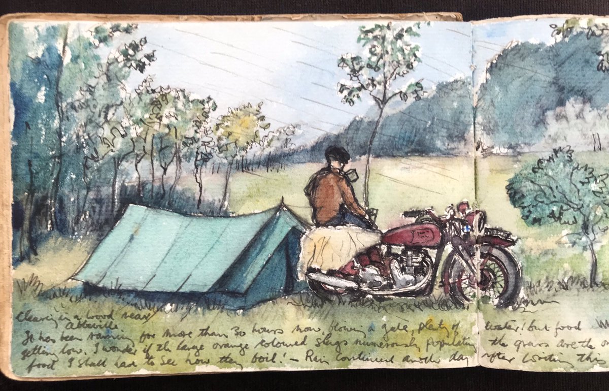 A short trip back in time to rural Western France in July 1954 with the help of a small sketchbook kept by a young chap on a motorcycle camping trip. It seems to have been rather wet that summer...