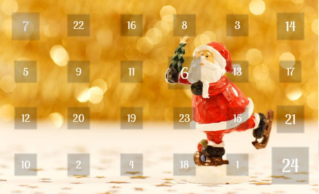 Image of an advent calendar with numbered squares and an ice-skating father christmas