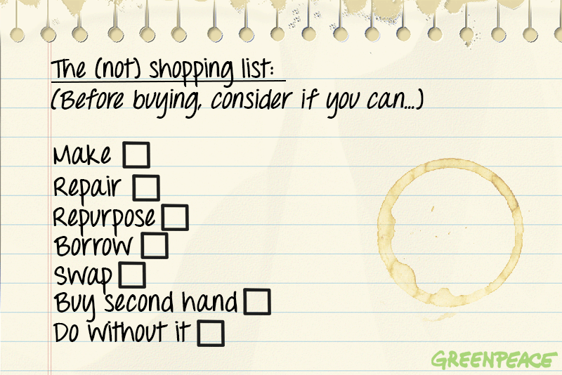 Greenpeace's tweet photo. What would you add to the (not) shopping list?

#BlackFriday #BuyNothingDay #LessIsMore https://t.co/x9rpJ28ePY