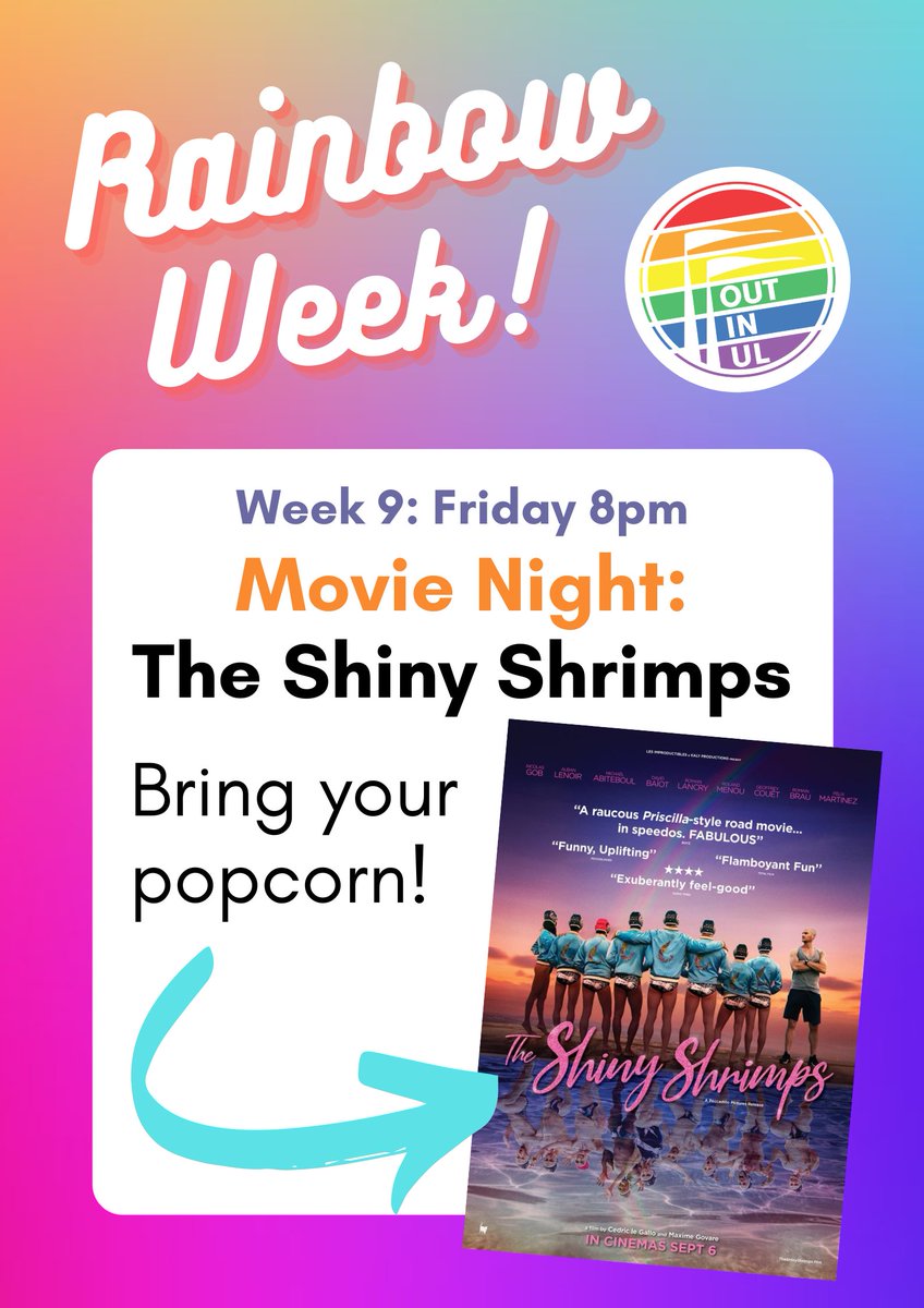 OutInUL's tweet image. 🌈Can you believe Rainbow Week is almost over already? 😭Tonight, grab your snacks, get cozied up, and join us for the final event - a Movie Night! We'll be watching The Shiny Shrimps 🦐🏊‍♂️🏳️‍🌈
Link will be shared on the banter page ✨🍿