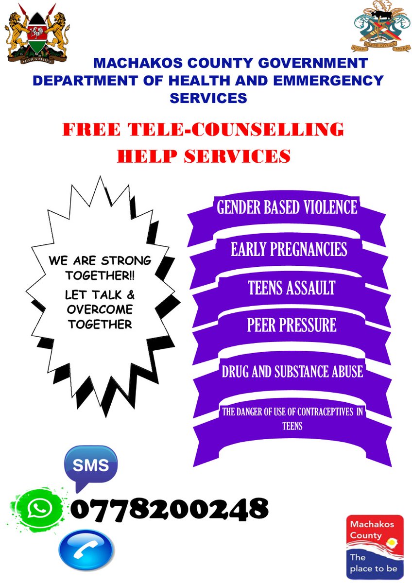 Machakos county @HealthMachakos has set up Telecounselling services to address mental health issues especially among the youth. This will supplement existing traditional mental health intervention strategies.
Help is just a call, text or WhatsApp message away.
 @MOHmentalhealth