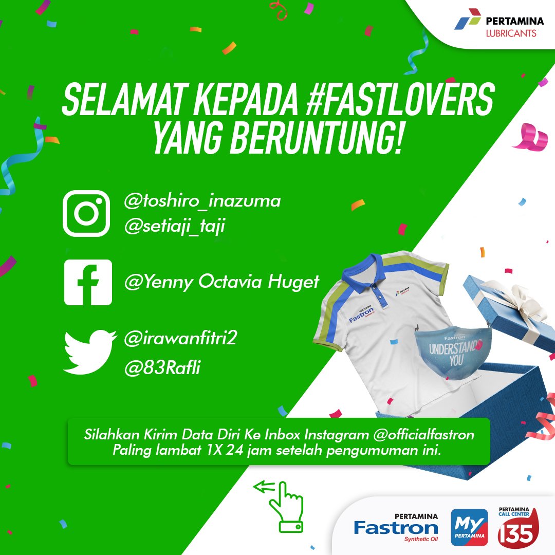 OfficialFastron's tweet photo. 🥳Ini pasti yang paling ditunggu-tunggu nih🥳 Saatnya pengumuman giveaway #AjakTemanFastlovers disiplin pakai masker. Sekali lagi selamat buat #fastlovers yang beruntung:

Pemenang Kaos + Masker
IG toshiro_inazuma 
IG setiaji_taji 
FB Yenny Octavia Huget https://t.co/7qzbk6QL86