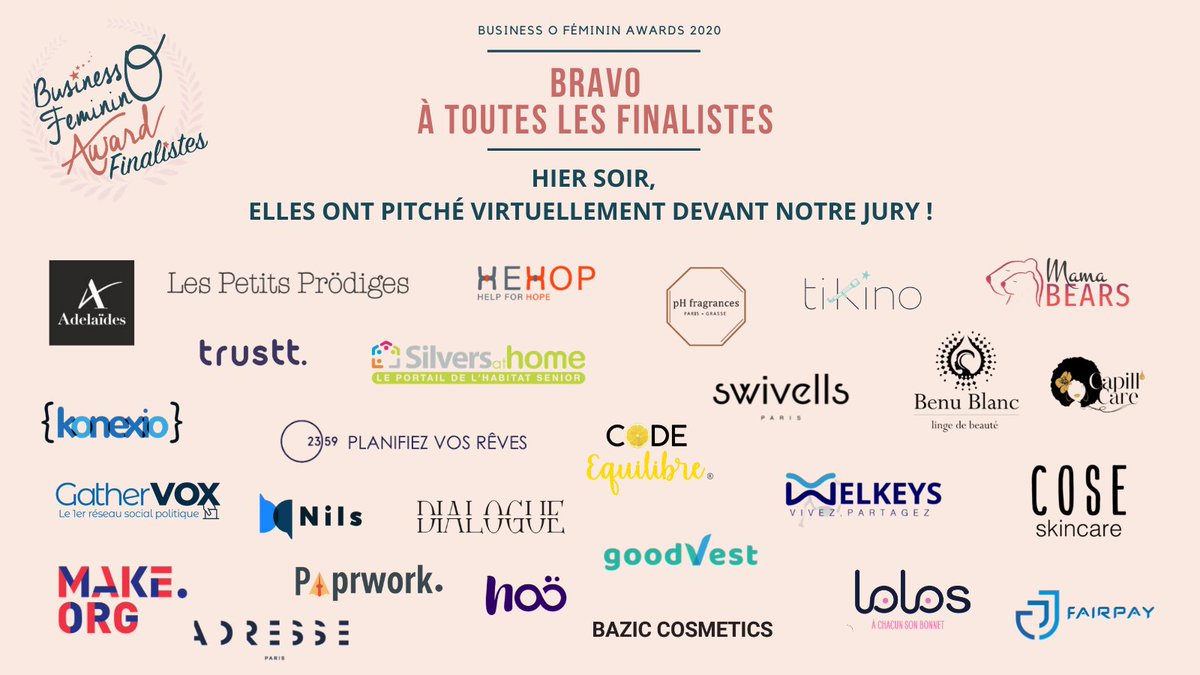 BizzOfeminin's tweet photo. Encore une fois bravo à toutes les finalistes des #BOFA2020, c'est déjà un très beau parcours ! Hier soir, elles ont pitché devant notre jury ! @vdbeaufort @stephhospital @FILLY_Laure @CharlotteCad2  @BoutainaAraki @ClearChannelFr @WE_BNPP  @albinserviant @AyumiMooreAoki https://t.co/0Isqoml9mz