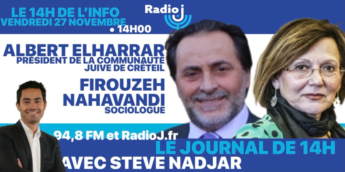 RadioJFrance's tweet photo. ⚠️ Cet après-midi, dans #Le14hDeLinfo, au micro de @SteveNadjar :
🎙️ @ElharrarAlbert
🎙 Firouzeh Nahavandi
⏰ 14h23, la Paracha de la semaine avec le Rabbin Raphaël Sadin #Limoud
#communauté #juifs #synagogue #procès #Trial #attentat #Résistance #Iranian #Limoud #Paracha #Rabin https://t.co/QPxBmA4SAP