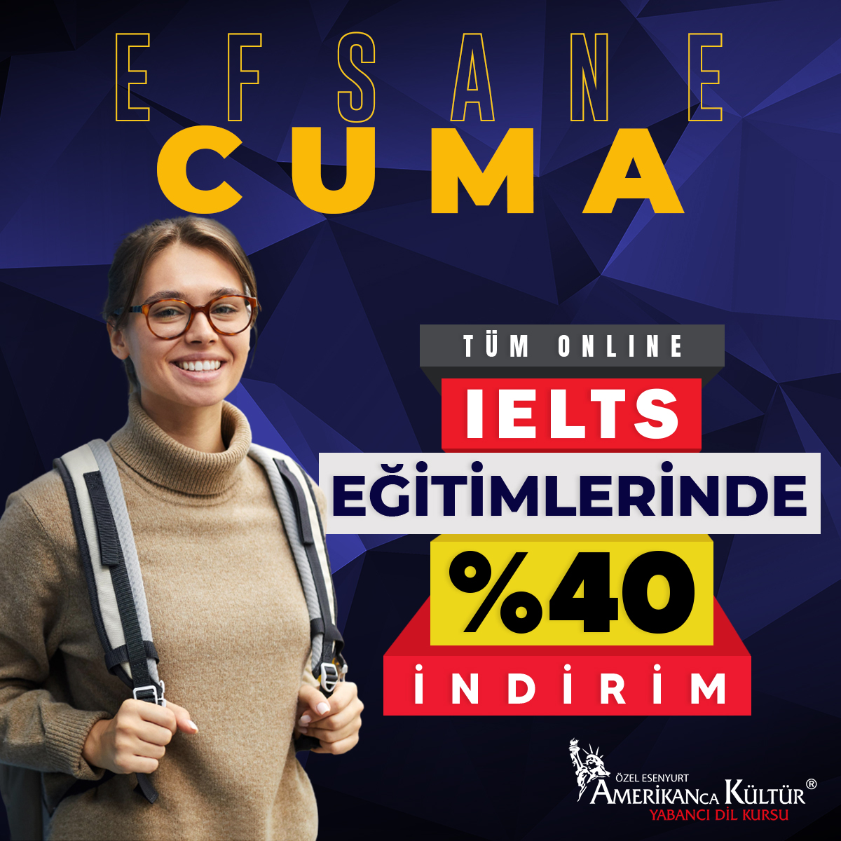 Efsane cuma indirimlerinde son günler. Kasım ayı sonuna kadar Tüm online Ielts eğitimlerinde %40 indirim! #Esenyurt #AmerikanKültür #EfsaneCuma #BlackFriday #Online #Ielts #İngilizce