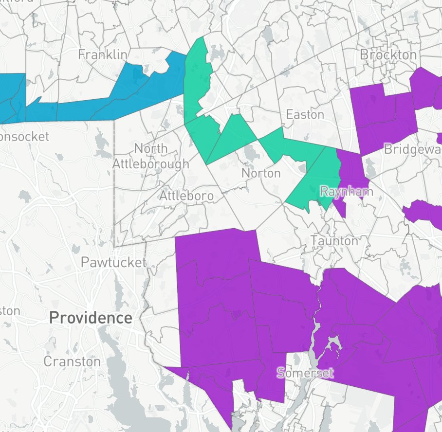 We can go one of two ways here: through Foxboro/Mansfield/Norton/Taunton or Plainville/N. Attleboro/Attleboro/Norton.The most Trump-friendly way of doing the former is shown here. Those five green precincts net Biden 492 + 433 + 597 + 330 + 190 = 2,042 votes.