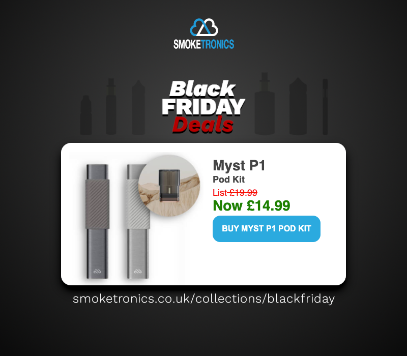 Smoketronicsuk's tweet photo. Myst Lab's P1 offers new vapers an authentic easy experience, similar to that of smoking a regular cigarette. Ditch the stinkies and live a #vapelife with this slick kit, now only £14.99 in our #BlackFridayDeals https://t.co/lwNROswx45 https://t.co/D6DXC2MRPy
