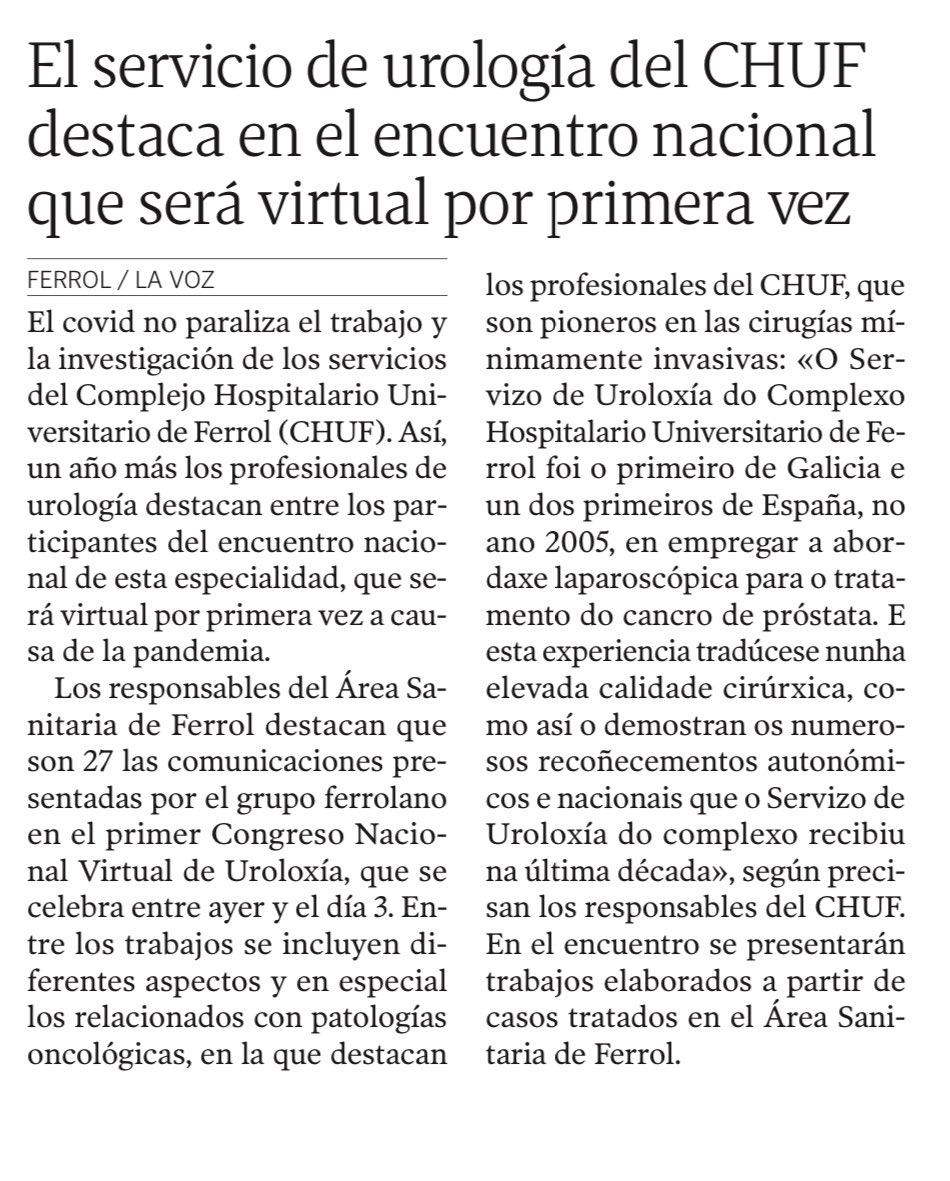 Nota de prensa sobre el papel de nuestro servicio en el I Congreso Nacional Virtual de Urología.