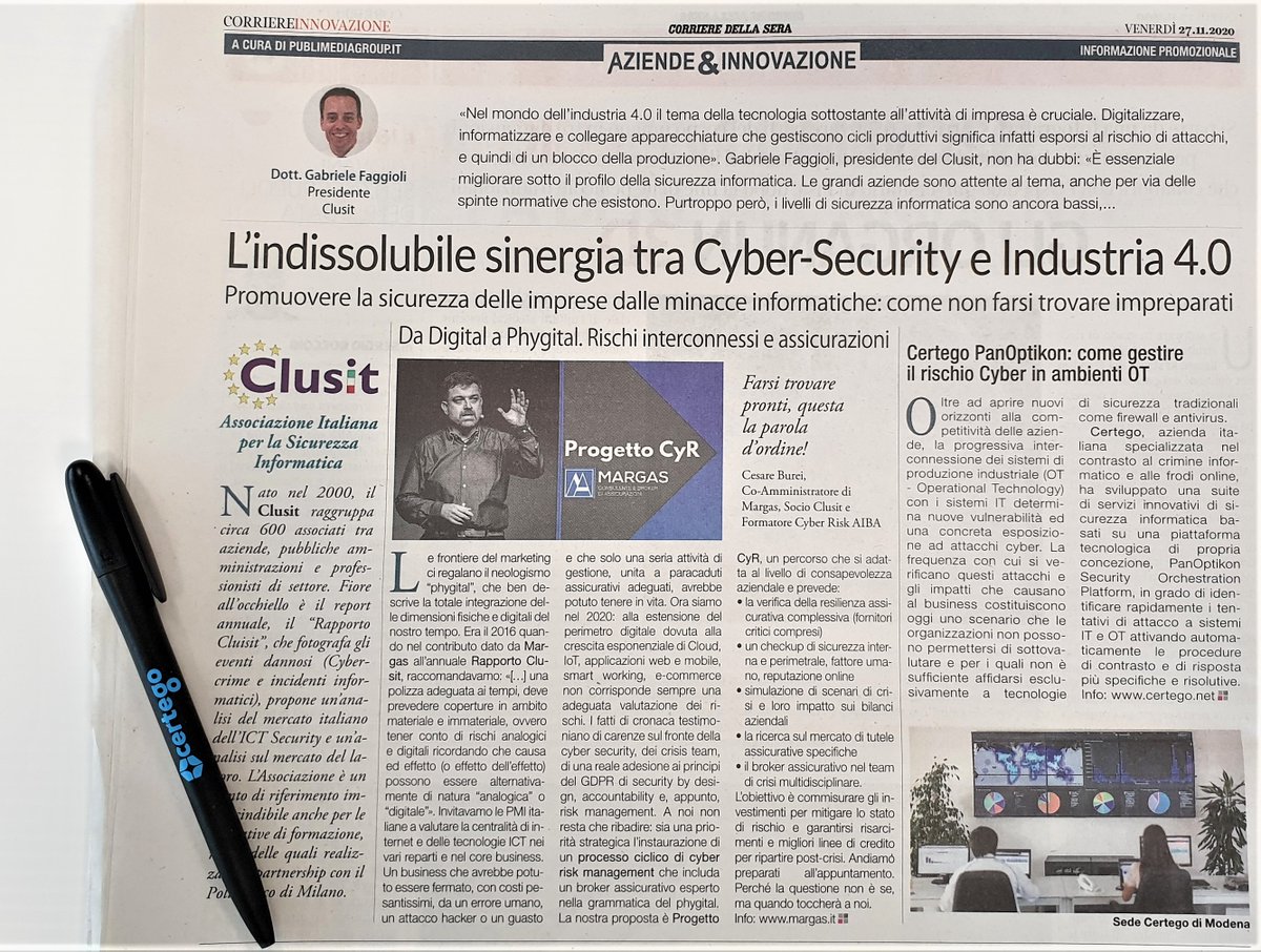 "Certego #PanOptiKon, come gestire il rischio cyber in ambienti OT": oggi su il <a href="/Corriere/">Corriere della Sera</a>, nella sezione dedicata alla #Innovazione è stato pubblicato uno speciale a cura del #Clusit dedicato alla sinergia tra #cybersecurity e #industria40 . Leggi il contributo di <a href="/Certego_IRT/">Certego</a>