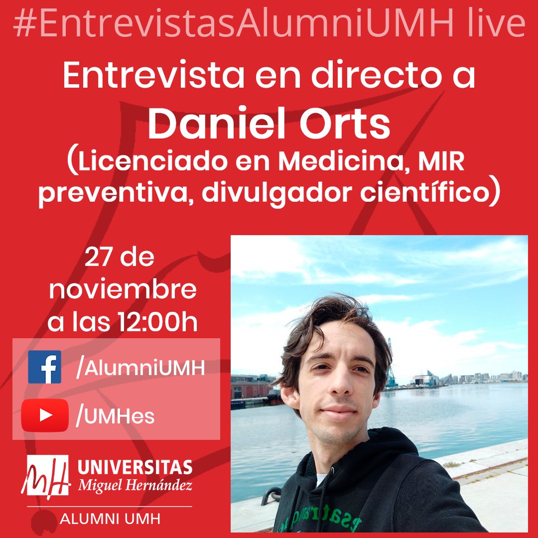 ¡No te pierdas hoy la una nueva entrega de #EntrevistasAlumniUMH live! 👩🎓👨🎓💻 En esta nueva entrega el @AlumniUMH en Medicina @Psiqetal nos hablará sobre su carrera, retos y experiencia con la divulgación científica 🧫🧪 https://t.co/yAFBzGtel2