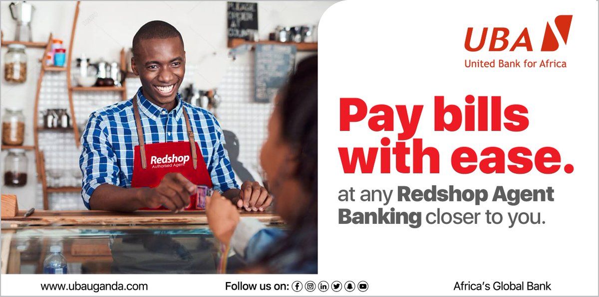 UBAUganda's tweet photo. Having the bank closer to you means you can spend more time managing your business. Pay bills with ease at any of our authorised #RedshopAgentbanking outlets.
Here is the full list our RedShop agents:
https://t.co/rdHEoc164f
#RedShopAgentBanking #UBARedShopAgent
#UBAAgentBanking https://t.co/bK3pPY5bge