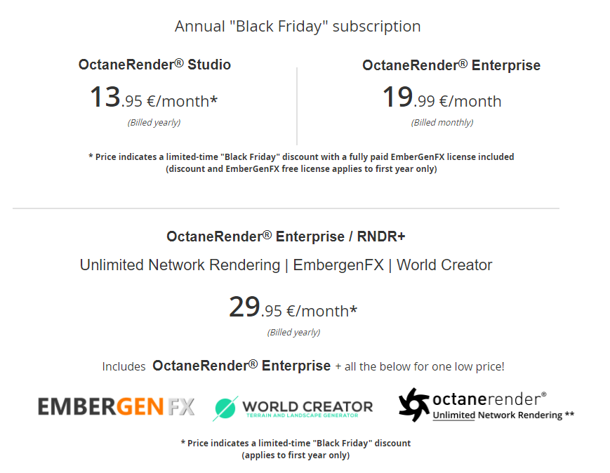 OTOY's tweet photo. #BlackFriday sale on #OctaneRender subs! Studio (13.95/month*),  Enterprise (19.95/month*)! And new "Enterprise/RNDR+" bundle (29.95/month*) which INCLUDES:  #OctaneRender + @worldcreator3d + #EmbergenFX +10 network render nodes + 100 $RNDR  [*billed annually w/ BF yr1 discount] https://t.co/PGjAI90XZM
