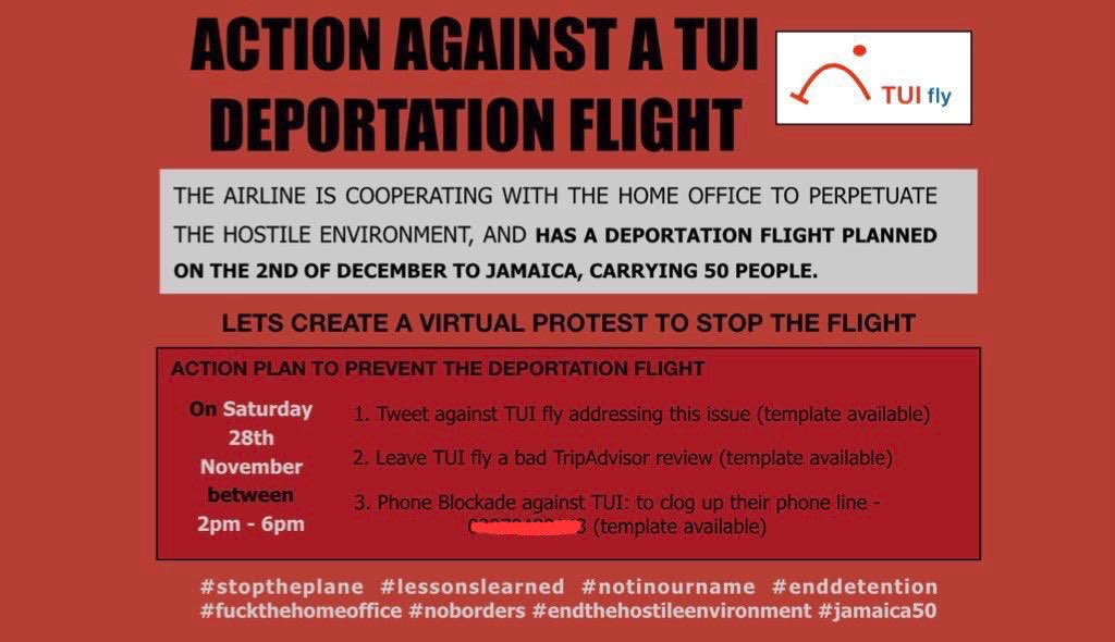 sdetsup's tweet photo. 👁 We have an action planned for tomorrow 📣 against @TUIUK who we believe has been contracted to operate the charter flight to Jamaica on the 2nd. Watch this space- we’ll be sharing our Twitter, email and phone templates soon. #Jamaica50 #DropDeportations https://t.co/Rus8VTNDPP