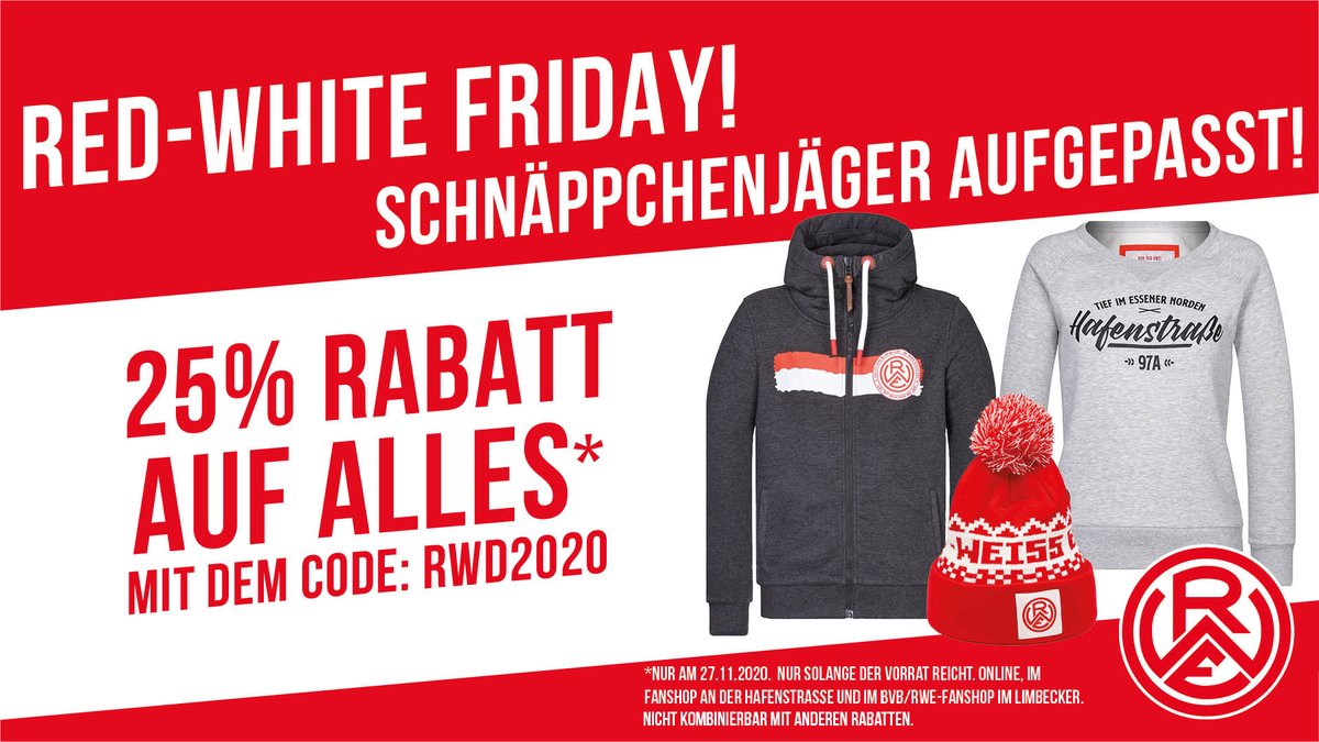 rot_weiss_essen's tweet photo. 🇮🇩 #RedWhiteFriday: NUR HEUTE! Nutzt unsere 25%-Fanartikelrabatt! ❌🔥Aktuelles #Heimtrikot für 56,21€. #nurderrwe #immeRWEiter https://t.co/Ma8DQC0w9P